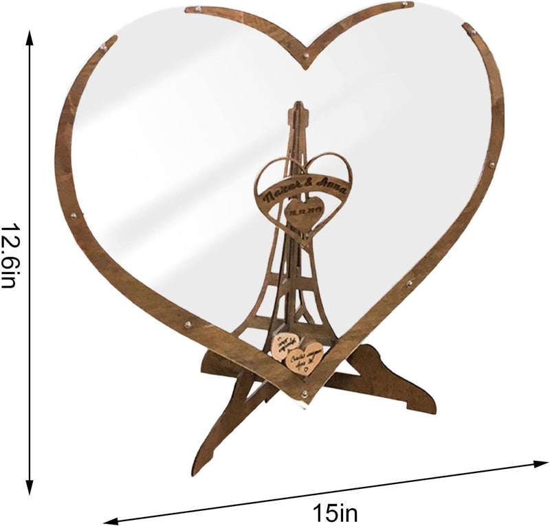 ويوبلز بديل لدفتر ضيوف حفل الزفاف | دفتر توقيعات زفاف خشبي على شكل قلب | ديكورات دفتر توقيعات زفاف ريفية بإطار متدلي مع 60 قلبًا خشبيًا صغيرًا - Image 4